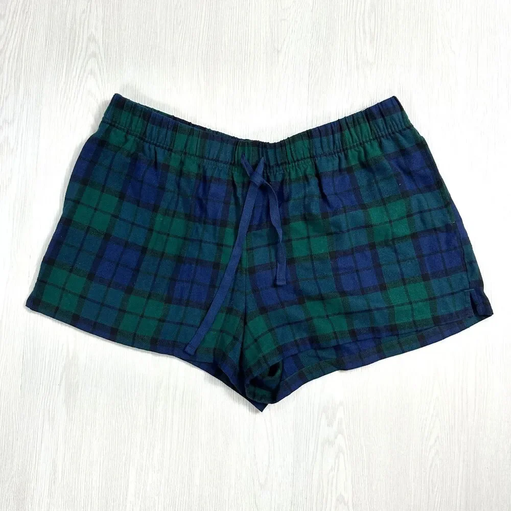 NEW SONOMA Women's XL Blue Green Plaid Elastic Waist 100% Cotton Pajama Shorts